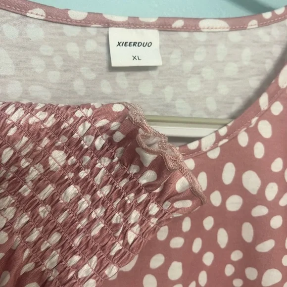 Dressy Casual Pink and White 3/4 Sleeve Blouse with Smocked Sleeves - Picture 2 of 4